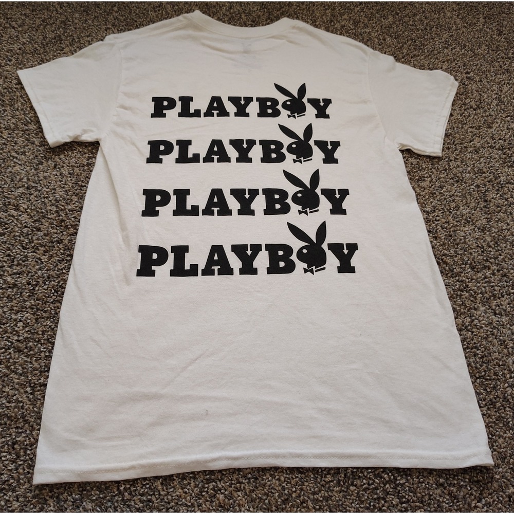 NWT Playboy Mens Small White Graphic T-Shirt Rabbit Head Logo Stacked Back Print